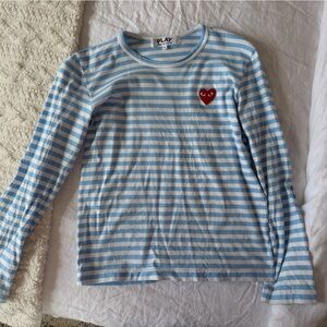 COMME DES GARCONS PLAY BLUE AND WHITE STRIPED HEART PATCH LONG SLEEVE T-SHIRT